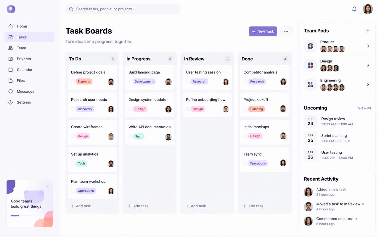 Teampods workspace showing task boards and team pod panels